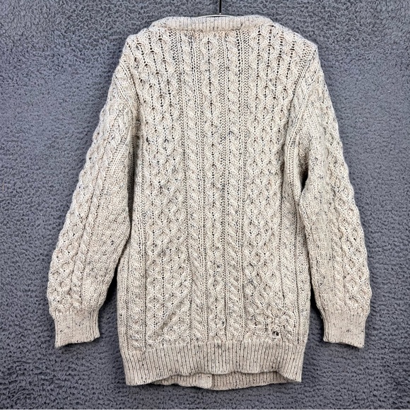 VTG ARAN CRAFTS Cardigan L 100% Wool Fisherman Honeycomb Button Up Beige Ireland - Picture 12 of 13